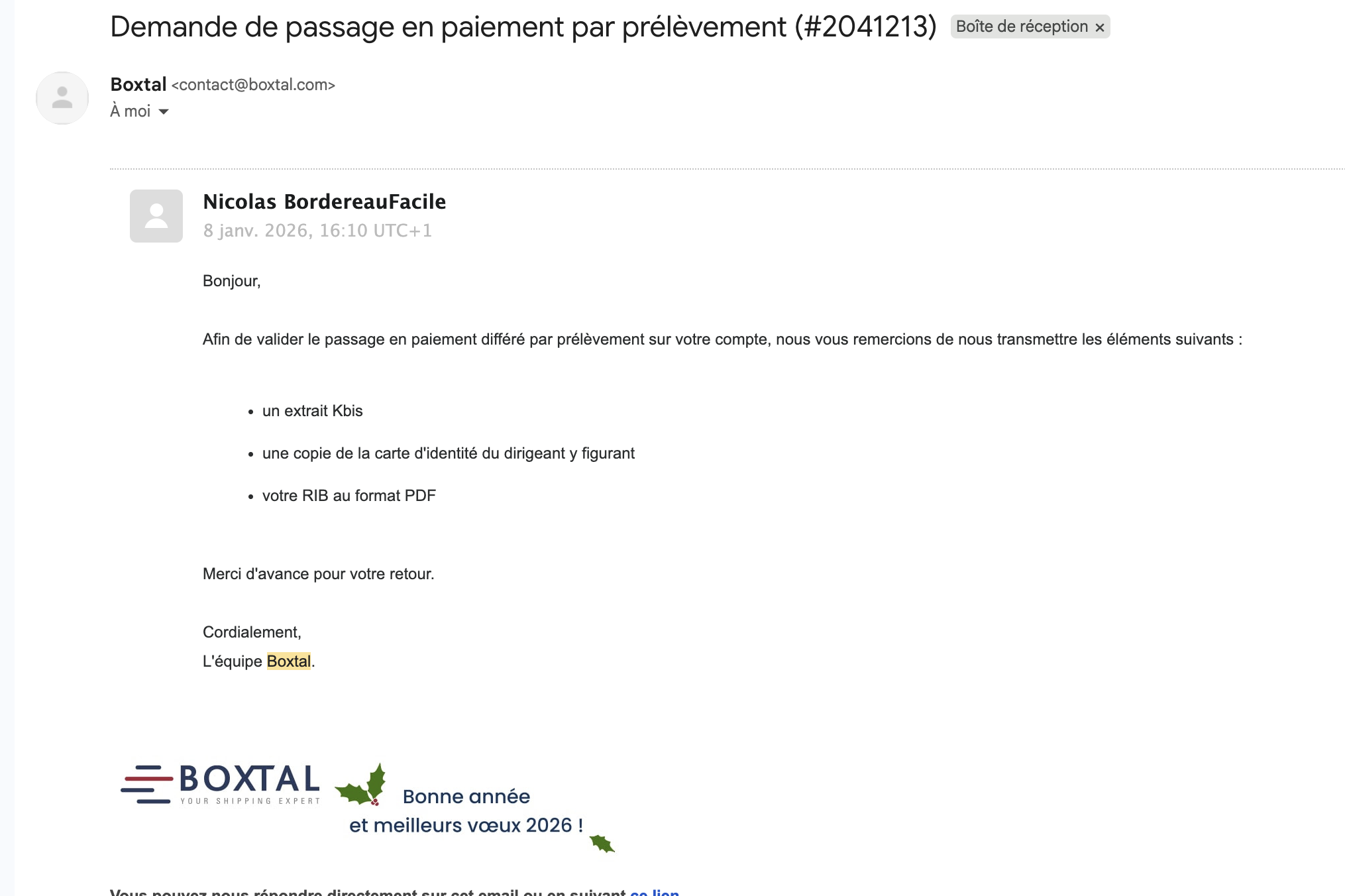 Email de demande de documents Boxtal