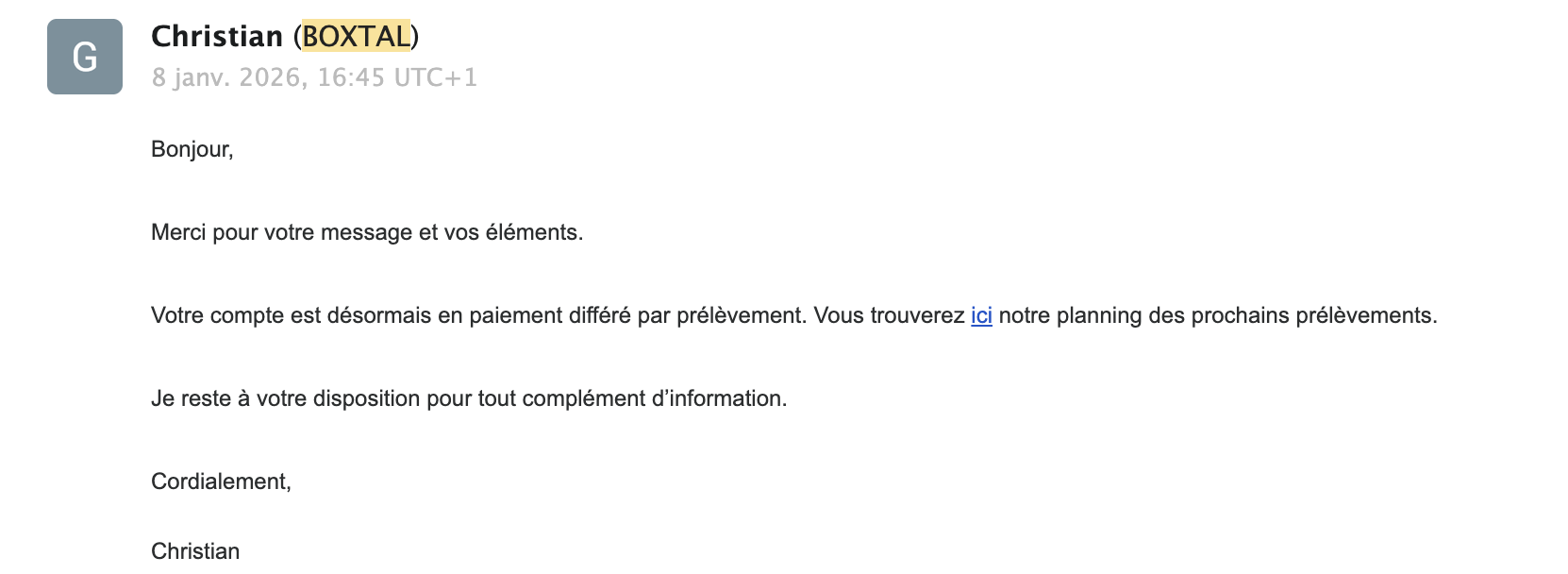 Email de confirmation paiement différé activé